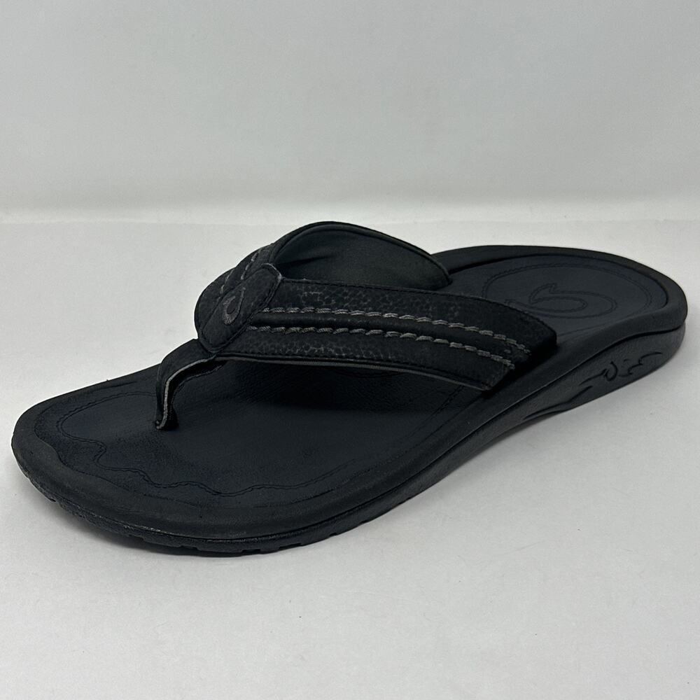 OluKai Hokua Mens 10 Black Flip Flops Comfort Beach Thong Sandals Casual 10161
